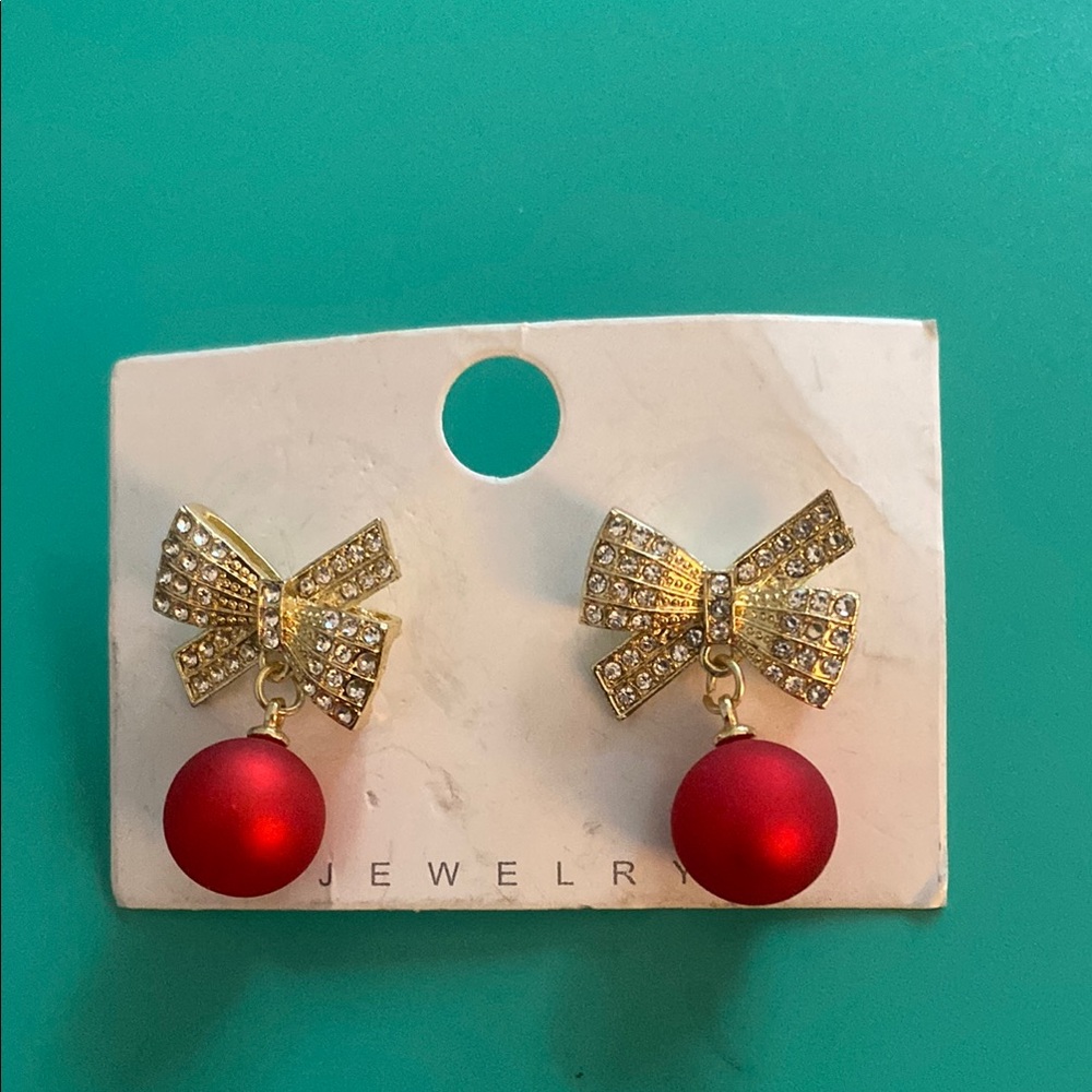 Festive Gold and Red Bow Earrings with Rhinestones